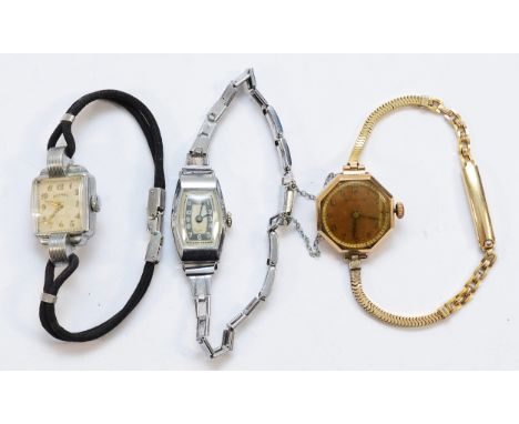 Resolute, a 9ct gold octagonal ladies wristwatch, a Rotary stainless steel ladies wristwatch and  an Art Deco watch (3)