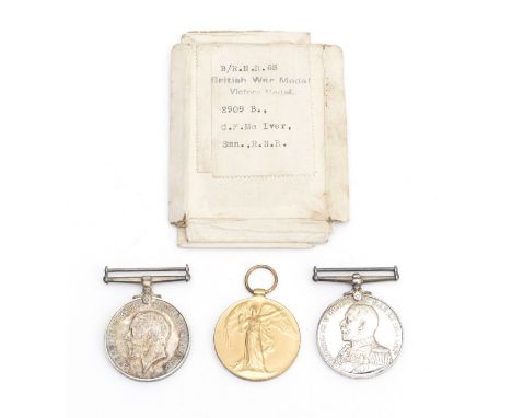 WWI Naval long service medal group, to include the War, Victory and the Naval Long Service medal, presented to 29098/D. 2860/