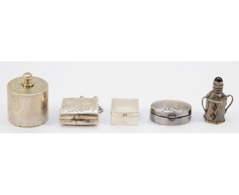 A 925 silver miniature perfume bottle, together with three 925 silver pill boxes and a 800 standard silver pill box, 52gm. (5