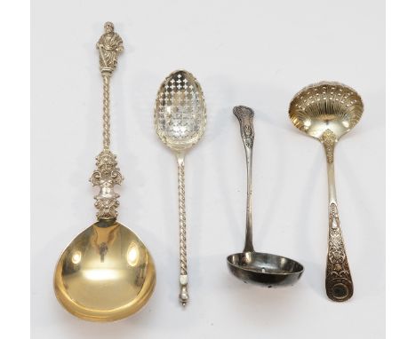 A Victorian silver seal top serving spoon, London 1894, together with three sugar sifter spoons, 106gm.