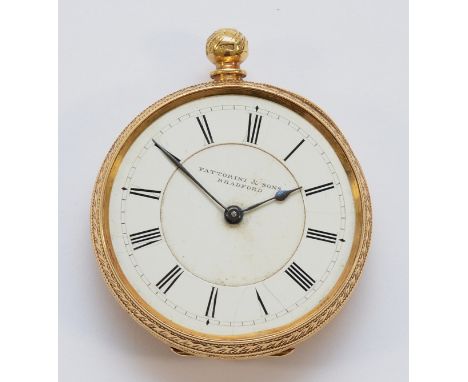 A Victorian 18ct gold key wind open face pocket watch, Birmingham 1885, retailed by Fattorini, Waltham movement, 40mm. Not wo
