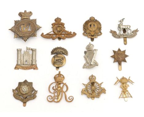 12x Military cap badges, to include the 64th Foot Army, Cyclist Corps and East Yorkshire.