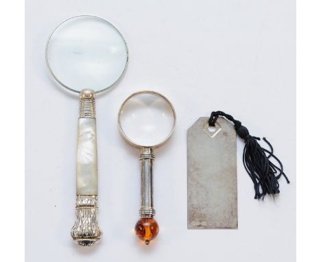 A Victorian silver and mother of pearl handled magnifying glass, Sheffield 1893, together with a smaller 925 silver magnifyin