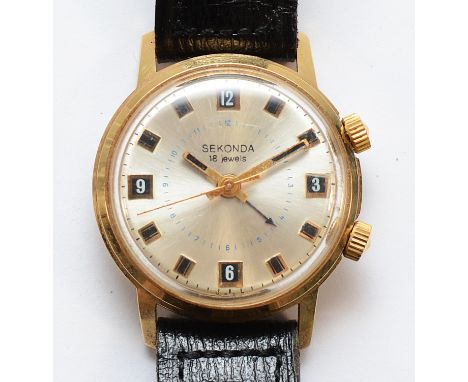 Sekonda, a gold plated alarm manual wind gentleman's wristwatch, with inner chapter ring, 33mm.Working when catalogued