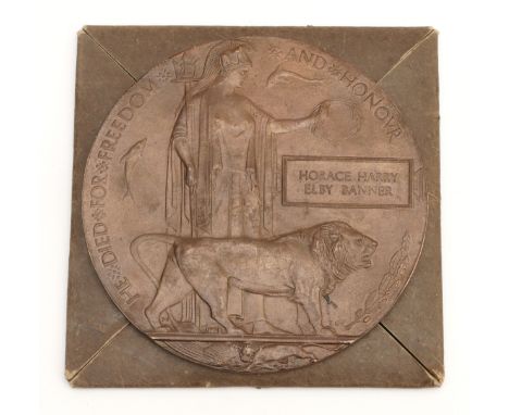 WWI Death plaque in a designated card holder, presented to Horace Henry Elby Banner.