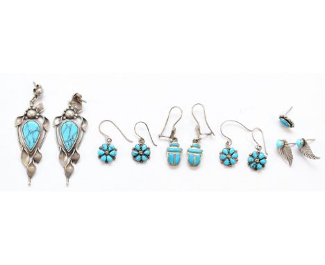 Five pairs of 925 silver and turquoise earrings, 32g