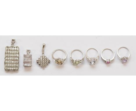 Five 925 silver gemset rings, R-T, with three 925 silver gemset pendants, largest 40mm, 44g