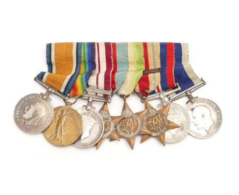 WWI-WWII mounted Naval Long Service medal group, to include the War, Victory, Palestine C.S.M clasped 'Palestine 1936-1939', 