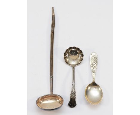 A Georgian silver toddy ladle, with twisted whalebone handle, Edinburgh, no date letter, together with a silver sugar sifter,