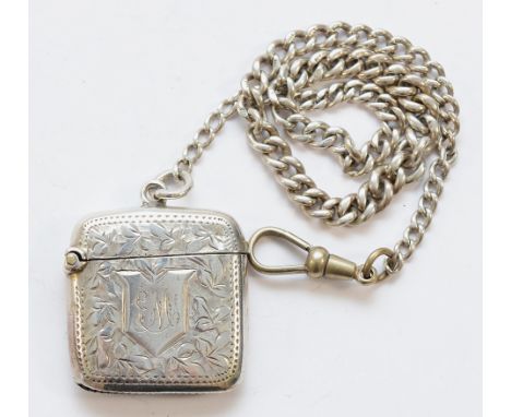 A silver vesta case, Birmingham 1900, 4x3.5cm, with silver chain attached, 32gm.