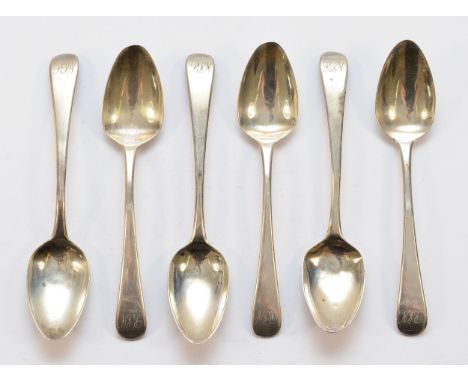 A set of six Georgian silver tea spoons, London 1808, with engraved monogram, 90gm.
