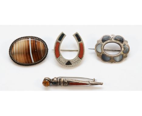 A sterling silver gemset brooch, 55mm, together with three unmarked silver gemset brooches, 26g