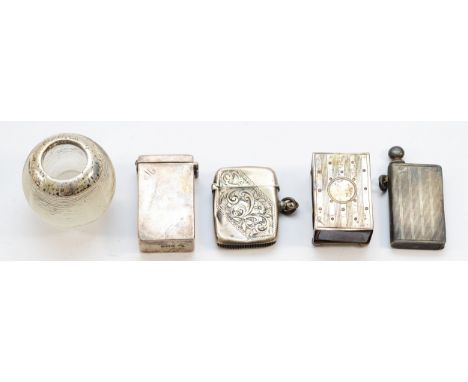 A Victorian silver vesta case, Birmingham 1896, together with two silver matchbox holders, Birmingham 1908, 1910, a silver pa