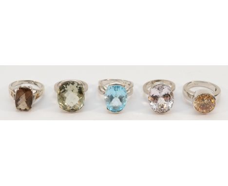 Five 925 silver gemset cocktail rings, largest gemstone 19mm x 15mm, H-N, 41g