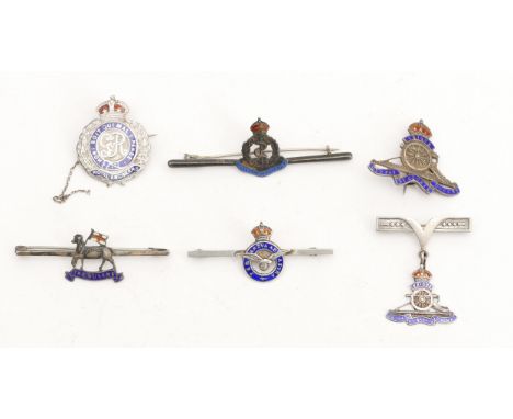 Six sterling silver military Sweetheart badges, including The Queens, Royal Army Medical Corps and Ubique.