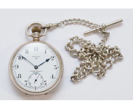 Record, a silver keyless wind open face pocket watch, Birmingham 1929, together with a graduated watch chain, Birmingham 1928