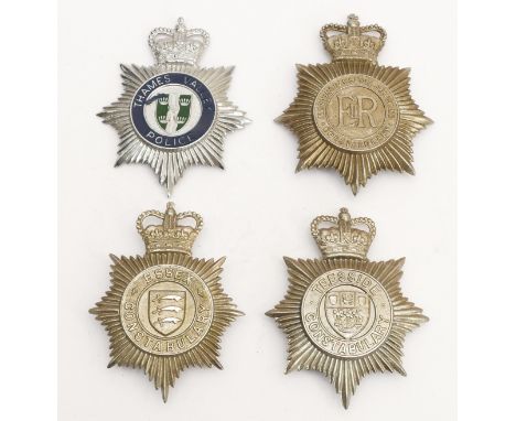 ERII four police helmet plates, to include the Thames Valley Police and Nottinghamshire Combined Constabulary.