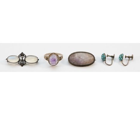A sterling silver gemset ring, I, two unmarked silver gemset brooches, and a pair of silver and turquoise screw back earrings