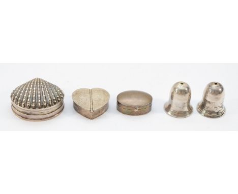 A silver heart shaped pill box, London 1990, together with two silver pill boxes and two 925 silver pill boxes, 75gm. (5).