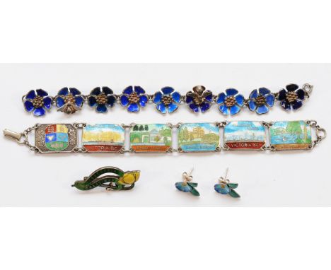 A 1919 925 silver and enamel Concordia Crescimus buttercup brooch, 38mm, a sterling silver and enamel panel bracelet with Can