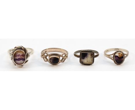 Two 925 silver Blue John dress rings, M, with two sterling silver Blue John dress rings, K-N, 13g