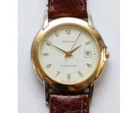 Zenith Cosmopolitan, a stainless steel and rose gold quartz date ladies wristwatch, ref. 19.1940.106, 21mm, leather strap.Wor