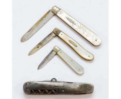 Three silver and mother of pearl fruit knives, Sheffield 1917, 1912, 1907, together with a silver pen knife, Chester 1902. (4