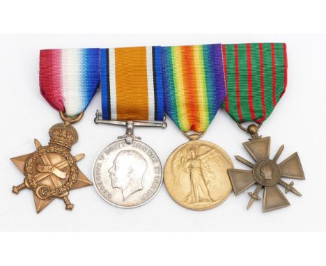 WWI mounted medal group, to include the 1914-1915 star, altered and renamed, War, Victory and the 1914-1918 Croix De Guerre, 