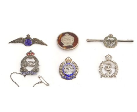 Six sterling silver military Sweetheart badges, including R.C.A.F, New Zealand Onwards and the Royal Engineers, 26g.
