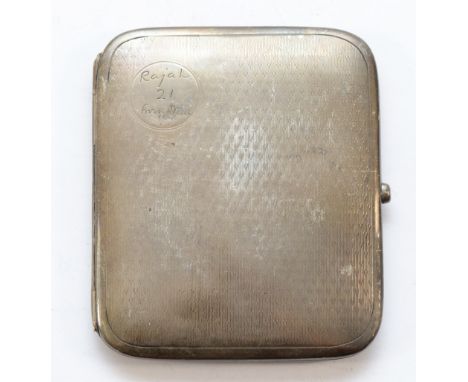 A silver cigarette case, Birmingham 1915, with engraving to the front, 9x7.5cm, 98gm.