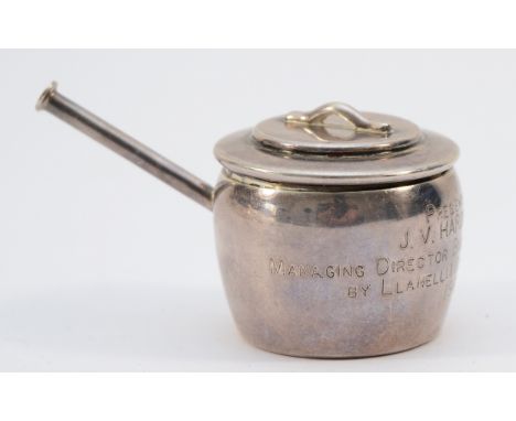 A silver presentation trinket in the form of a lidded pan, Birmingham 1967,  presented to the managing director of Buckley's 
