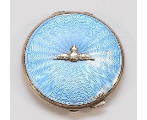 A silver and blue guilloche enamel RAF circular compact, mirror but no powder, having damage to the enamel, 7cm.