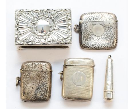Three silver vesta cases, Birmingham 1900, 1900, 1905, together with a silver matchbox holder, 1901, and a silver cheroot cas