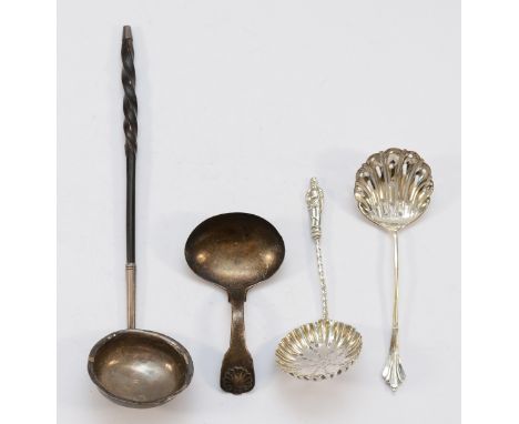 A Georgian silver toddy ladle, with twisted whalebone handle, London 1916, together with a silver caddy spoon, London 1815, a