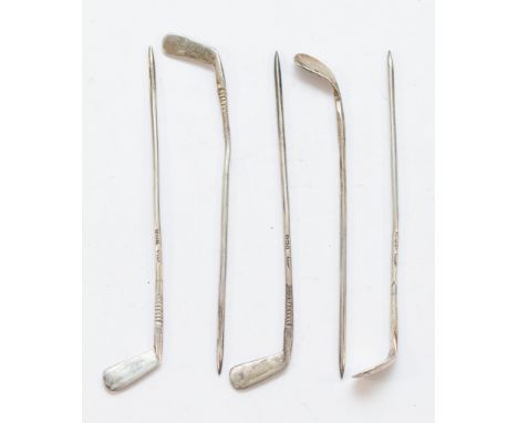 Five cocktail sticks in the form of gold clubs, four marked Birmingham 1934, the other Birmingham 1933, 16gm.