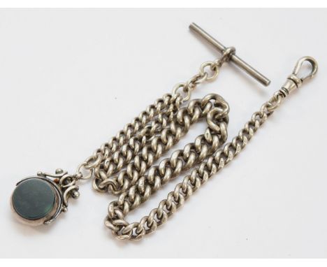 A sterling silver Albert pocket watch chain with a spinning fob, 1900, 51g