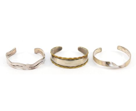 Mexico, a 925 silver cuff bangle, 57mm, with two other 925 silver cuff bangles, 67g