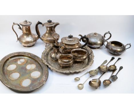 A Victorian four piece EPBM tea service, an EPNS four piece and other plated wares.