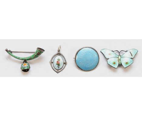 Charles Horner, a sterling silver and enaml rose pendant, 22mm, an Austrian silver and enamel brooch, 37mm, with two 925 enam