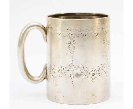 A silver christening mug, markings worn, slight dint to the front, 7.5cm, 72gm.
