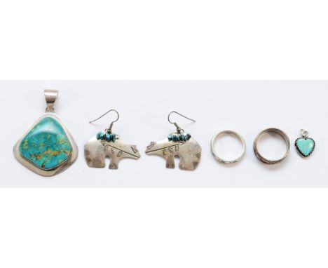 Brad Panteah, a pair of Native American bear earrings, 35mm, two sterling silver rings, R-V, a sterling silver and turquoise 