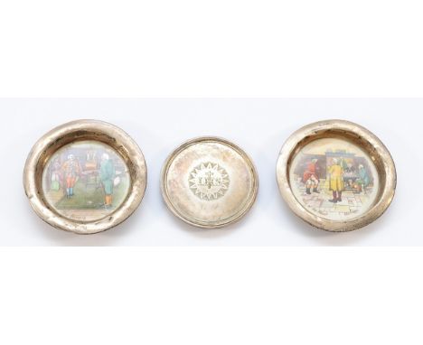 A silver Communion wafer dish, Birmingham 1839, 6cm, together with a silver and porcelain dish depicting a scene 'Tale of the