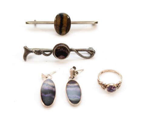 Two silver Blue John brooches including an example in the form of a riding crop, 50mm, a pair of silver Blue John earrings wi