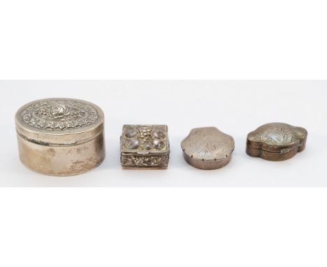 A silver embossed pill box, London 1906, together with three 925 silver pill boxes, 81gm. (4)