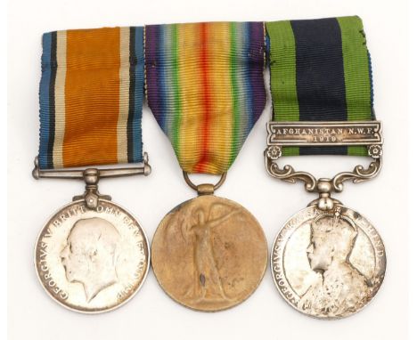 WWI-George V mounted medal group, to include the War, Victory and the 1919 Afghanistan N.W.F campaign medal,  presented to PO