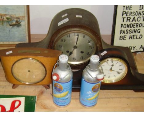Vintage oak case mantle clock and two others & two bottles of beer, table lamps