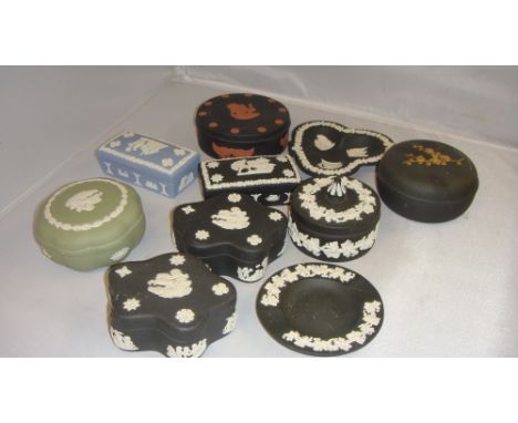 Collection of Wedgwood jasperware including trinket jars and dishes, some black and white some black & red