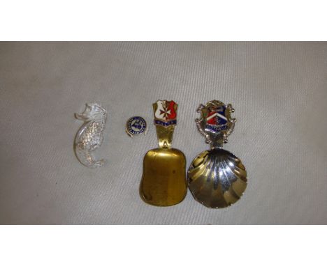 Vintage Waterford crystal sea horse in presentation box, 2 x caddy spoons, enamel Hornby Railway Company badge
