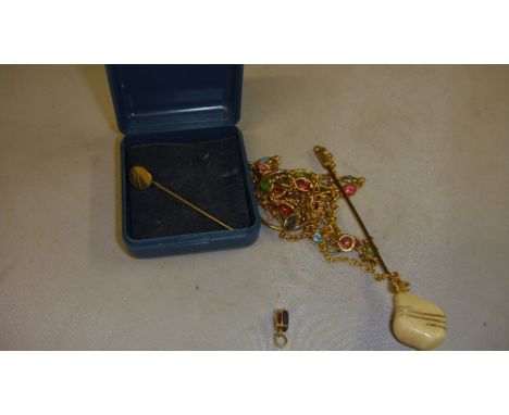 9 ct gold stick tie pin in presentation box with some assorted costume jewellery