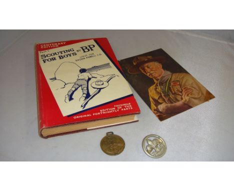 Scouting For Boys single volume, Baden Powell postcard & 1857 - 1907 Scout medal and cap badge